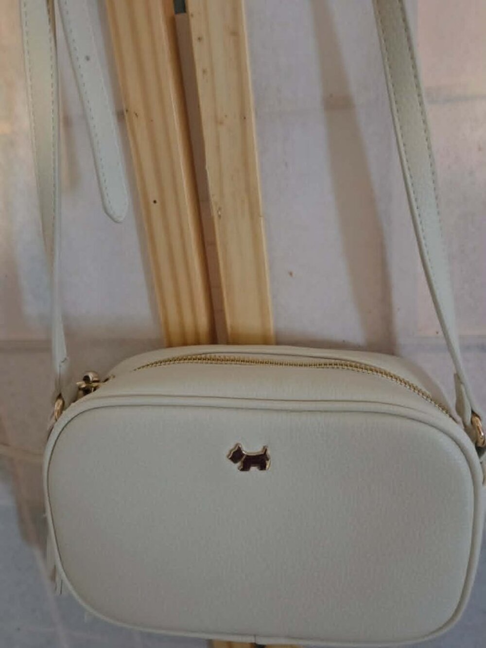 NWOT Agatha Paris Cream Pebbled Leather Camera Crossbody Bag | Gold Scottie